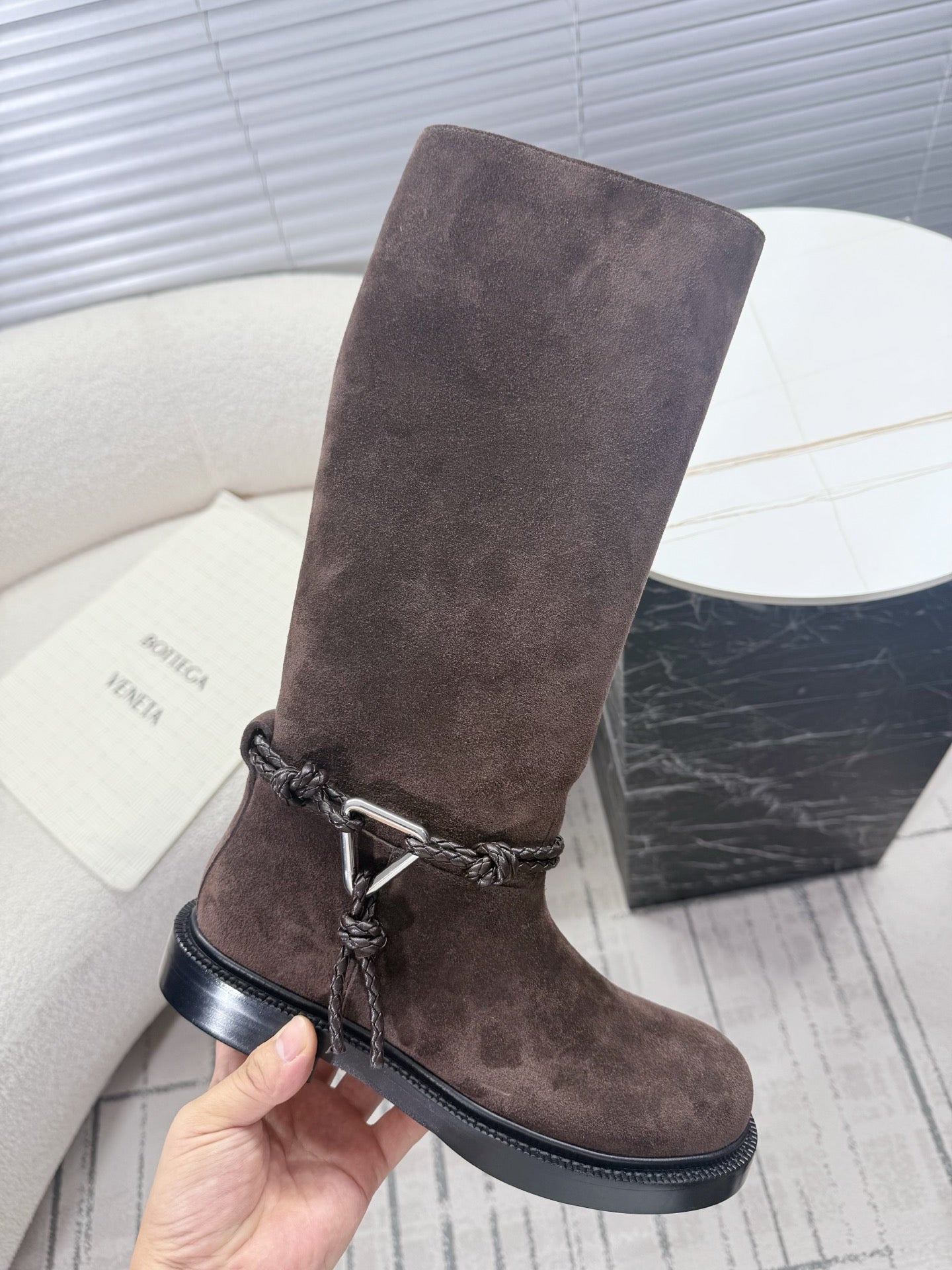 BOTTEGA VENETA 26S TALL BOOTS IN DARK BROWN SUEDE WITH ROPE DETAIL