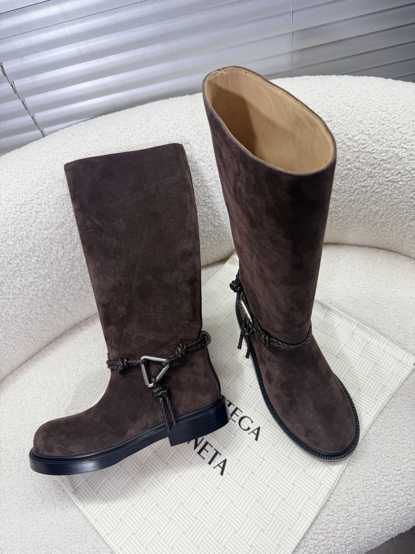 BOTTEGA VENETA 26S TALL BOOTS IN DARK BROWN SUEDE WITH ROPE DETAIL