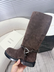 BOTTEGA VENETA 26S TALL BOOTS IN DARK BROWN SUEDE WITH ROPE DETAIL