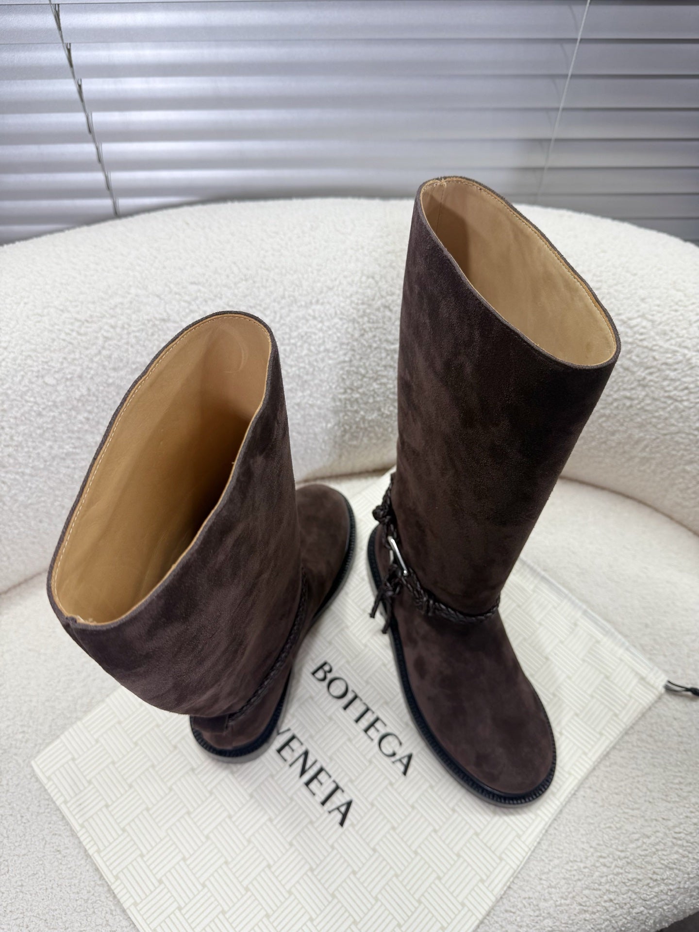 BOTTEGA VENETA 26S TALL BOOTS IN DARK BROWN SUEDE WITH ROPE DETAIL