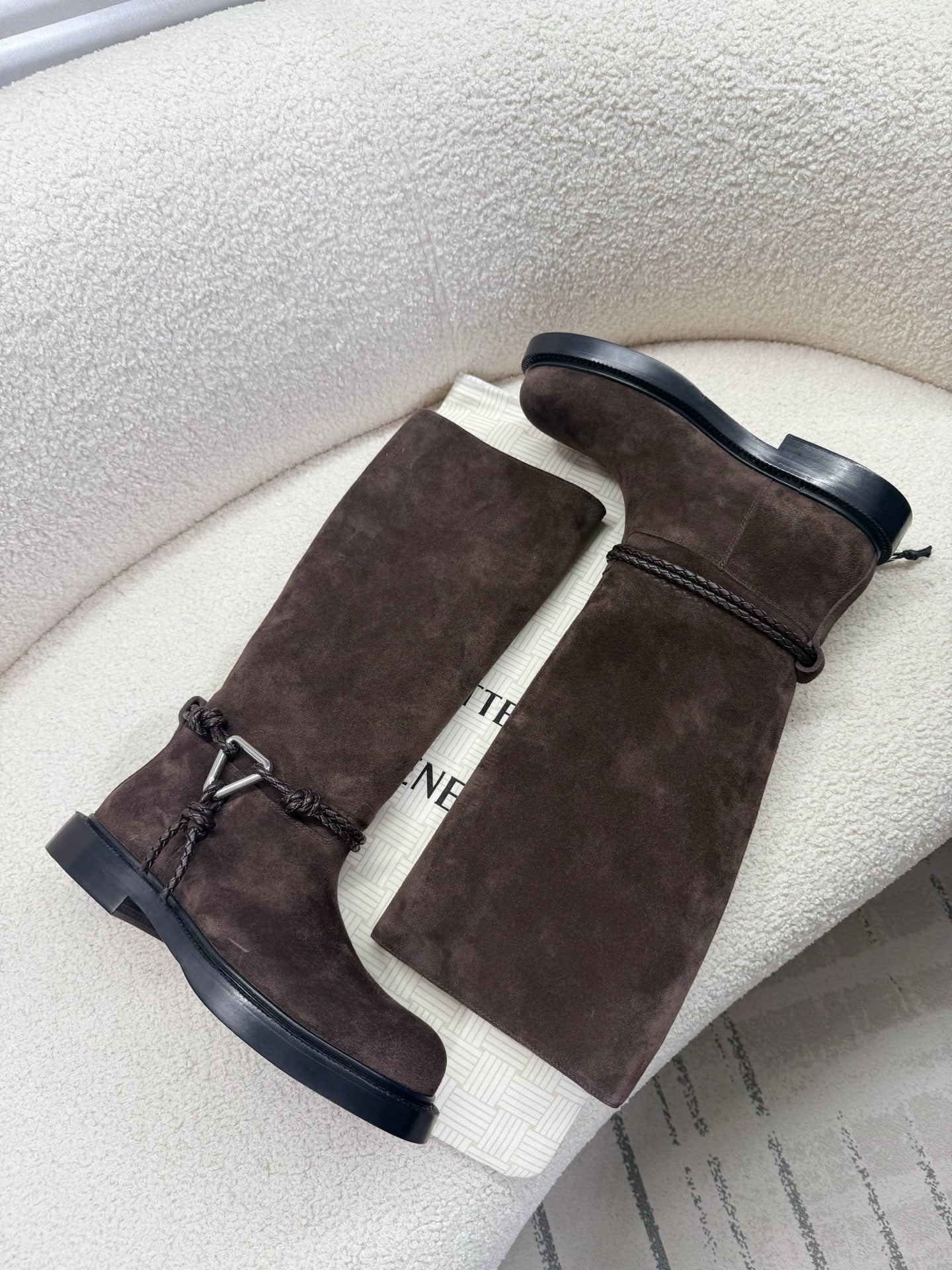 BOTTEGA VENETA 26S TALL BOOTS IN DARK BROWN SUEDE WITH ROPE DETAIL