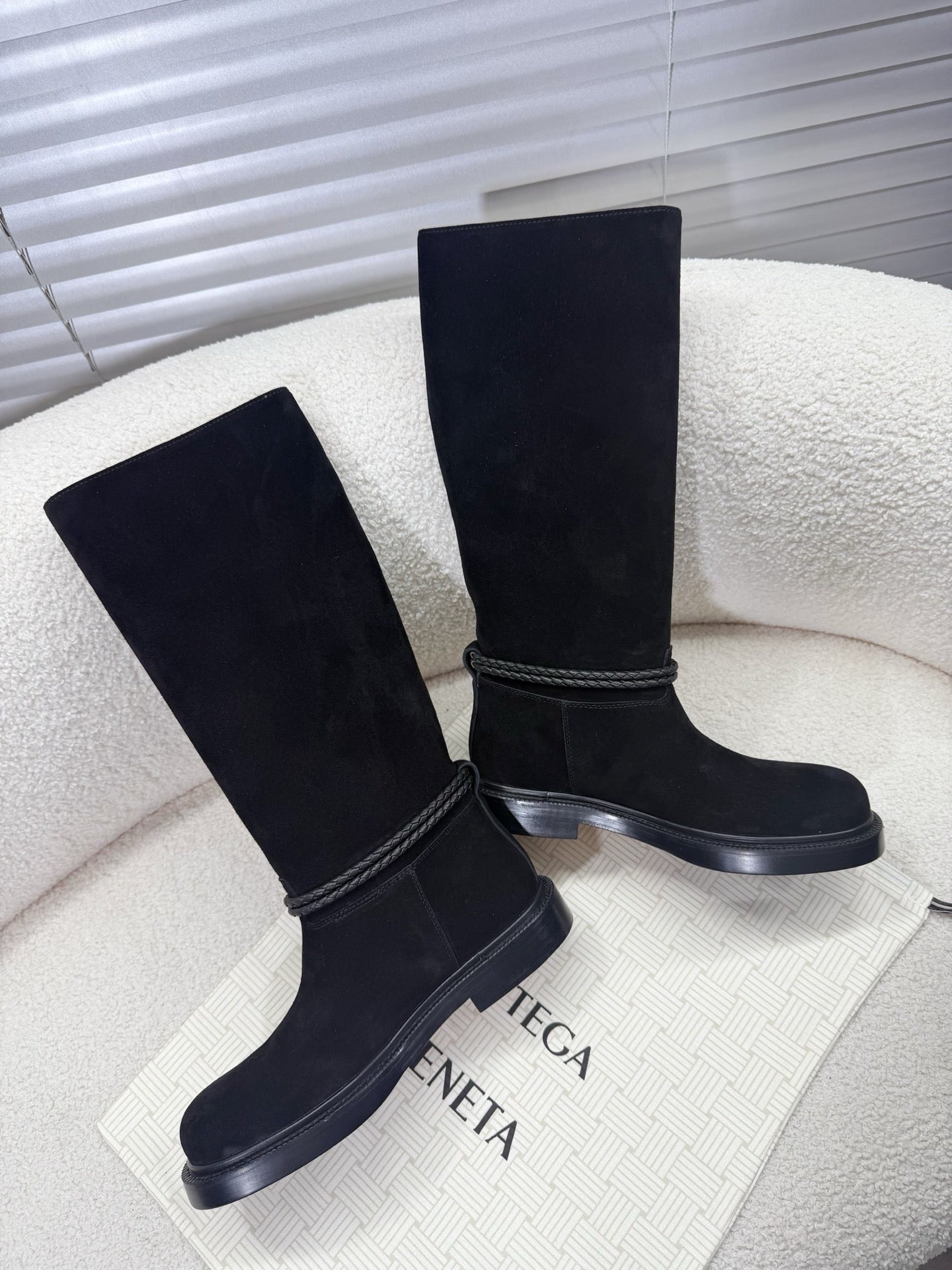 BOTTEGA VENETA 26S TALL BOOTS IN BLACK SUEDE WITH ROPE DETAIL