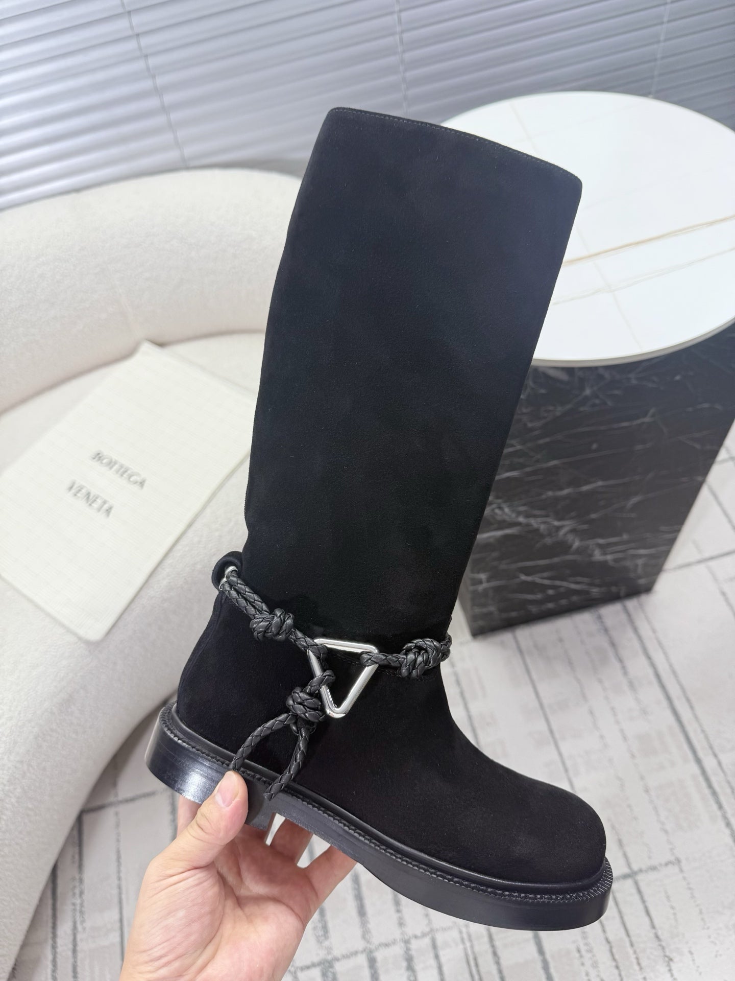 BOTTEGA VENETA 26S TALL BOOTS IN BLACK SUEDE WITH ROPE DETAIL