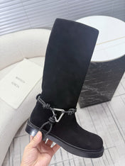 BOTTEGA VENETA 26S TALL BOOTS IN BLACK SUEDE WITH ROPE DETAIL