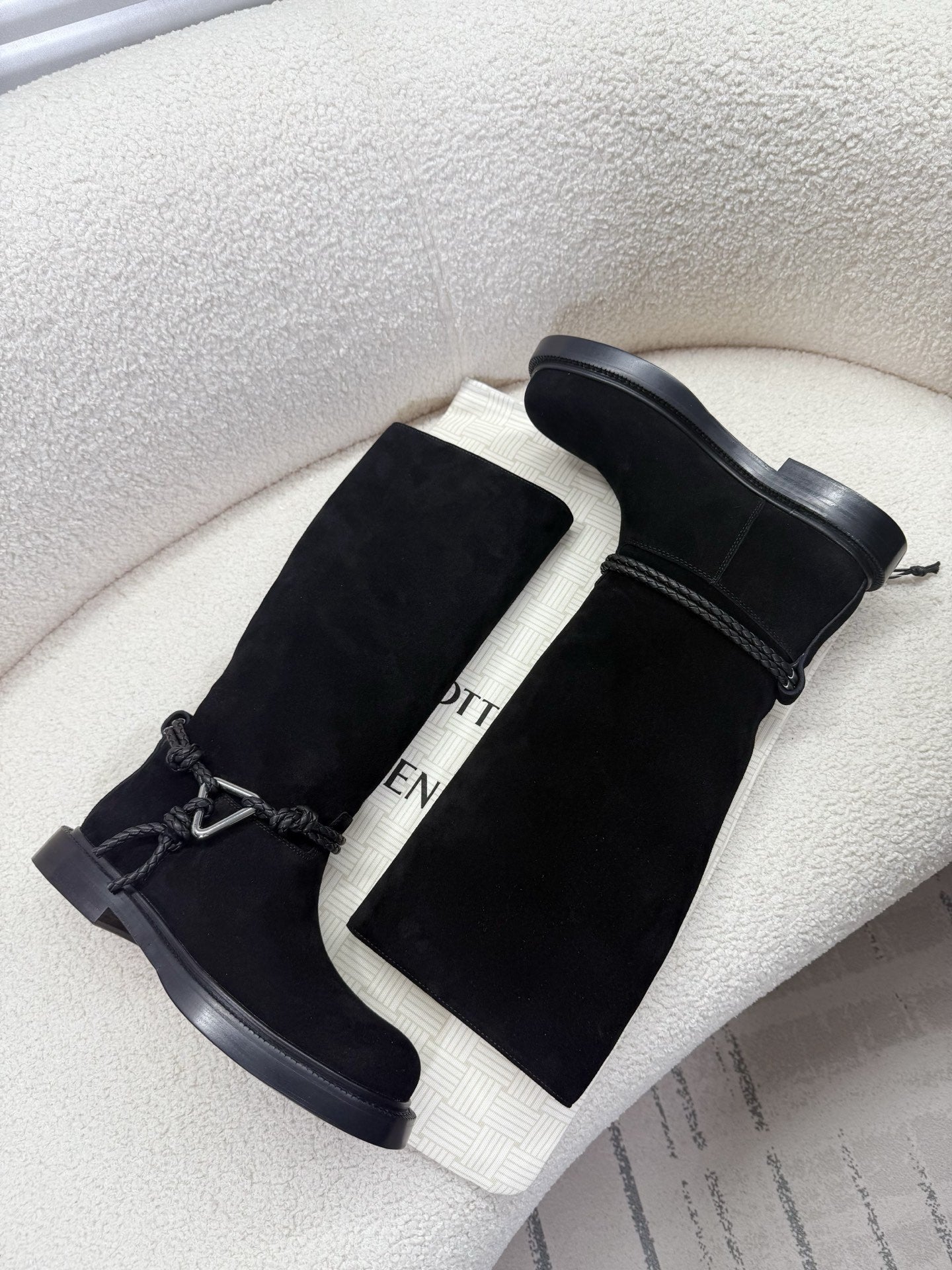 BOTTEGA VENETA 26S TALL BOOTS IN BLACK SUEDE WITH ROPE DETAIL