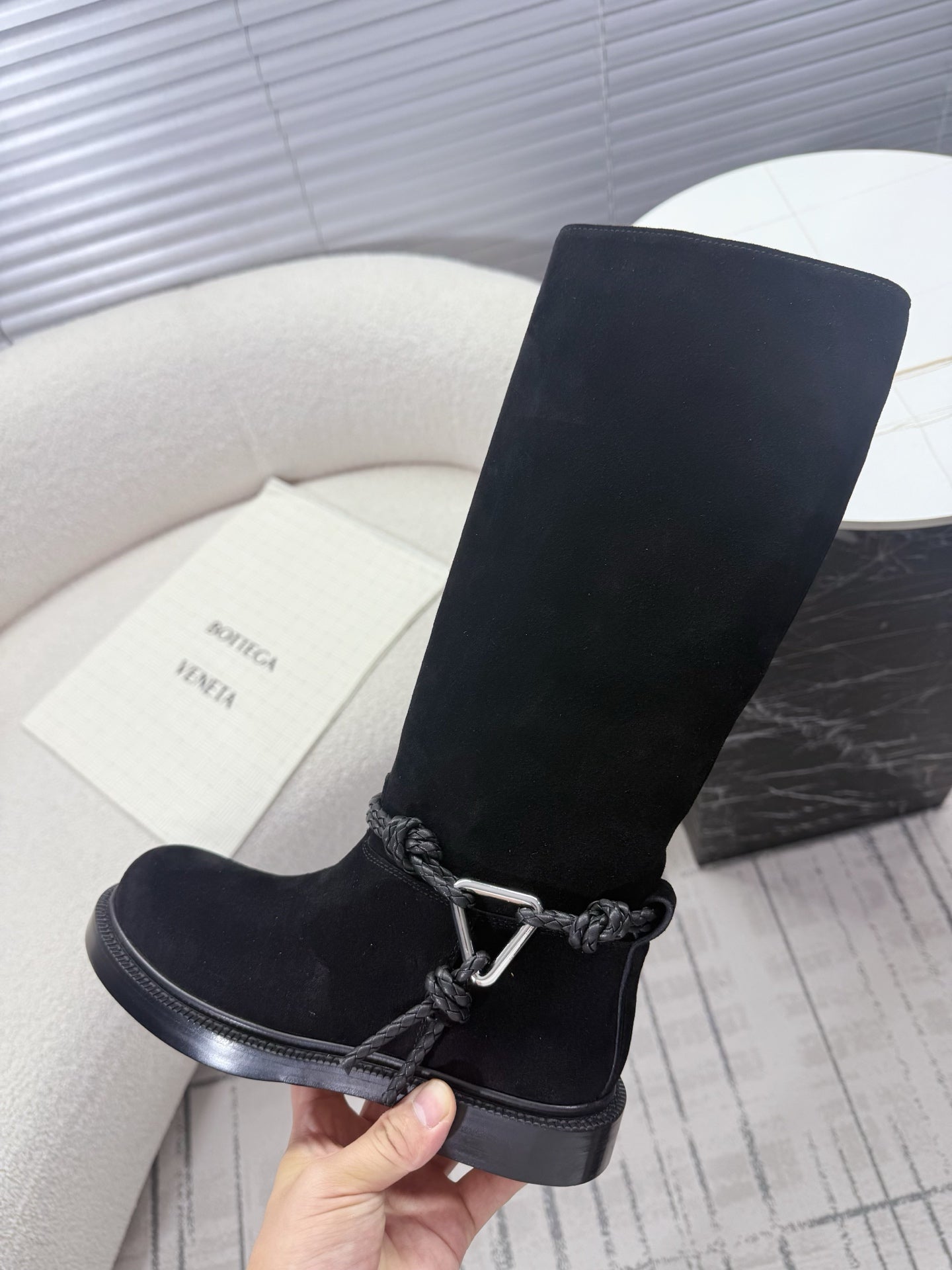 BOTTEGA VENETA 26S TALL BOOTS IN BLACK SUEDE WITH ROPE DETAIL