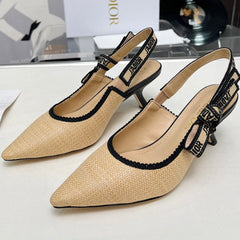 J'ADIOR SLINGBACK PUMP NATURAL RAFFIA AND BLACK EMBROIDERED COTTON 65 MM