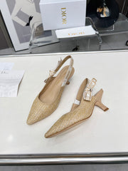 J'ADIOR SLINGBACK PUMP NATURAL RAFFIA AND BEIGE EMBROIDERED COTTON 65 MM