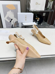 J'ADIOR SLINGBACK PUMP NATURAL RAFFIA AND BEIGE EMBROIDERED COTTON 65 MM