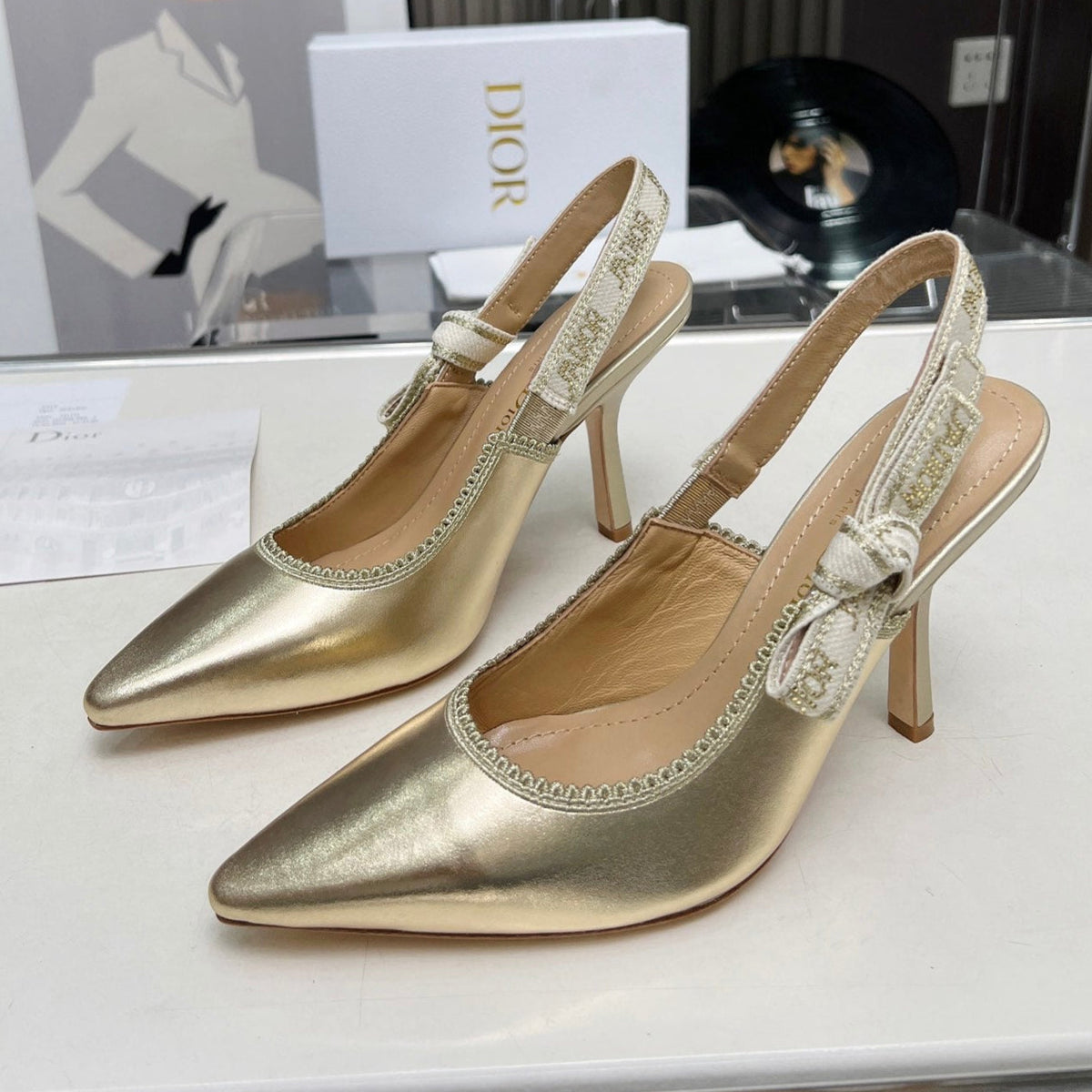 J'ADIOR SLINGBACK PUMP LIGHT GOLD CALFSKIN AND EMBROIDERED FABRIC 10 CM