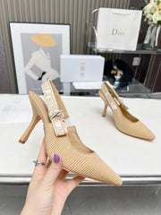 J'ADIOR SLINGBACK PUMP NATURAL RAFFIA AND BEIGE EMBROIDERED COTTON 10 CM
