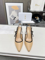 J'ADIOR SLINGBACK PUMP NATURAL RAFFIA AND BLACK EMBROIDERED COTTON 10 CM