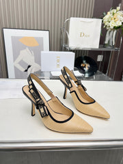 J'ADIOR SLINGBACK PUMP NATURAL RAFFIA AND BLACK EMBROIDERED COTTON 10 CM