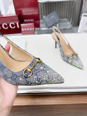 HORSEBIT SLINGBACKS IN DOVE GRAY MONOGRAM FABRIC WITH CRYSTALS