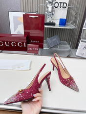 HORSEBIT SLINGBACKS IN CHERRY RED MONOGRAM FABRIC WITH CRYSTALS