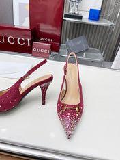 HORSEBIT SLINGBACKS IN CHERRY RED MONOGRAM FABRIC WITH CRYSTALS