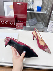 HORSEBIT SLINGBACKS IN CHERRY RED MONOGRAM FABRIC WITH CRYSTALS