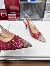 HORSEBIT SLINGBACKS IN CHERRY RED MONOGRAM FABRIC WITH CRYSTALS