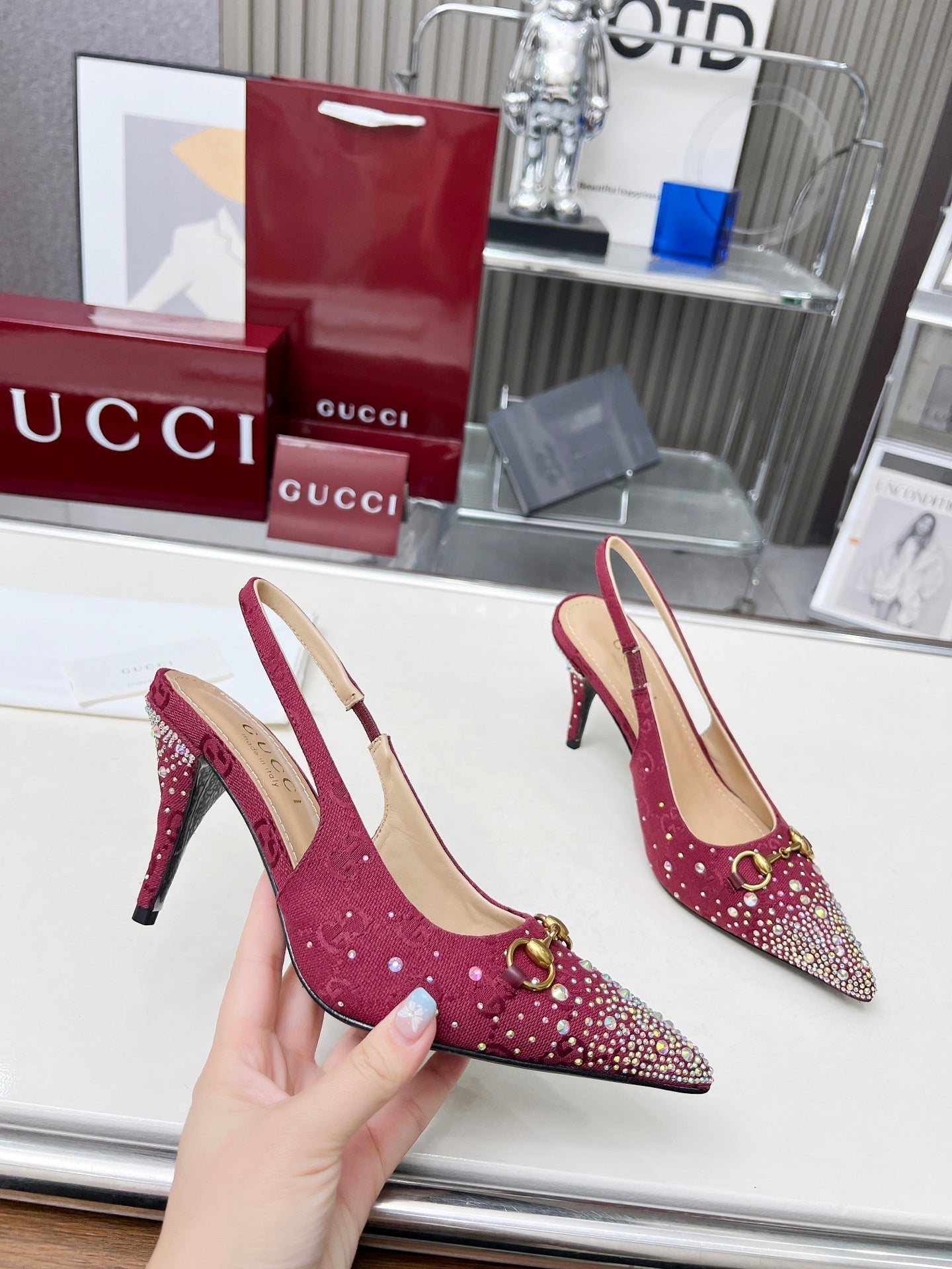 HORSEBIT SLINGBACKS IN CHERRY RED MONOGRAM FABRIC WITH CRYSTALS