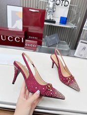 HORSEBIT SLINGBACKS IN CHERRY RED MONOGRAM FABRIC WITH CRYSTALS