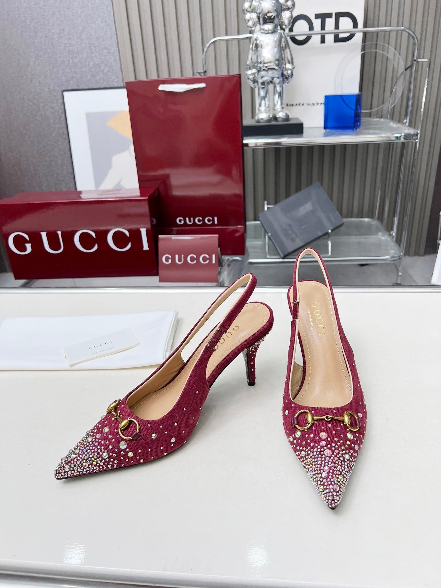 HORSEBIT SLINGBACKS IN CHERRY RED MONOGRAM FABRIC WITH CRYSTALS