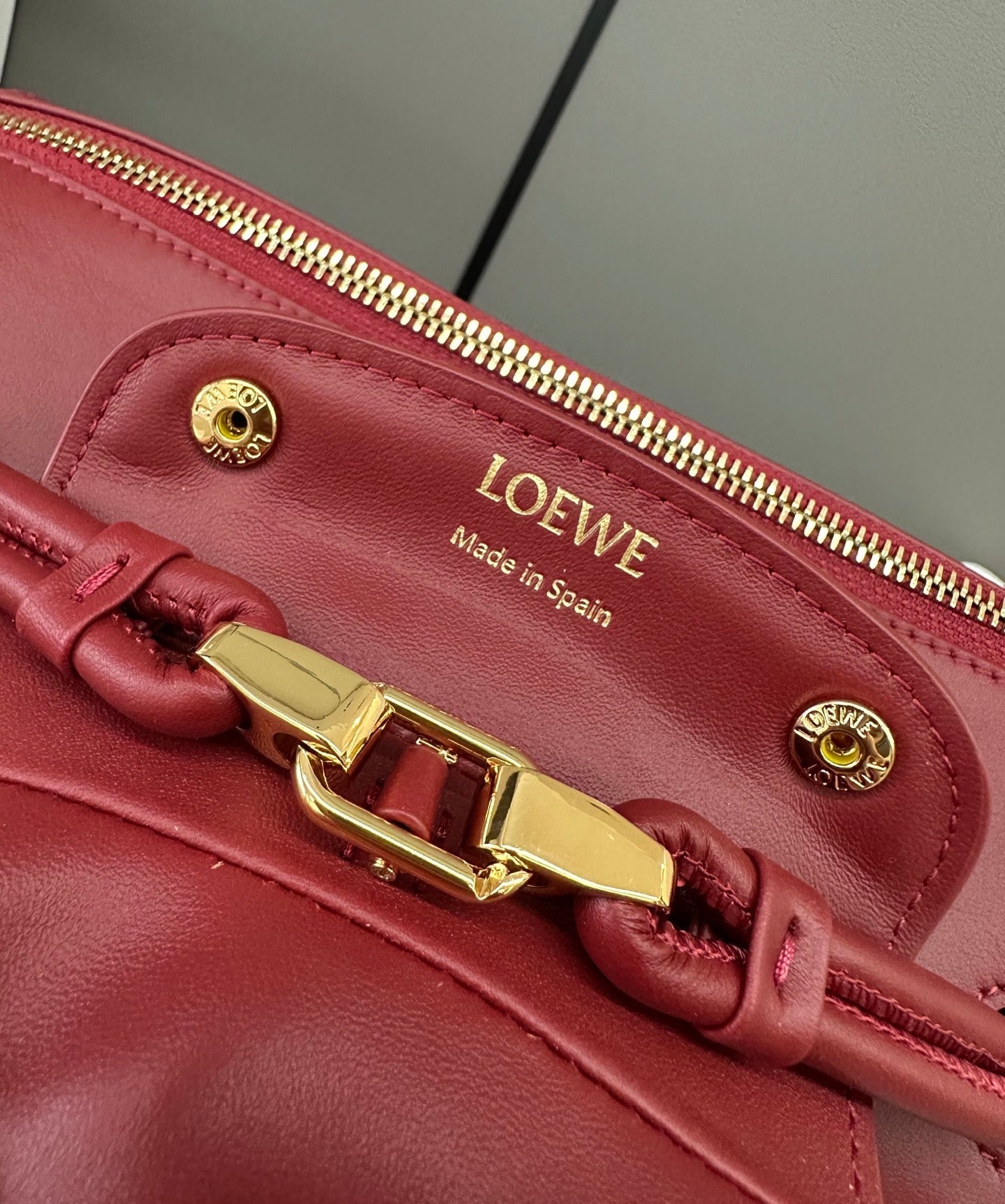 LOEWE 25S MADRID BAG 28 IN CHERRY RED CALFSKIN GOLD HARDWARE