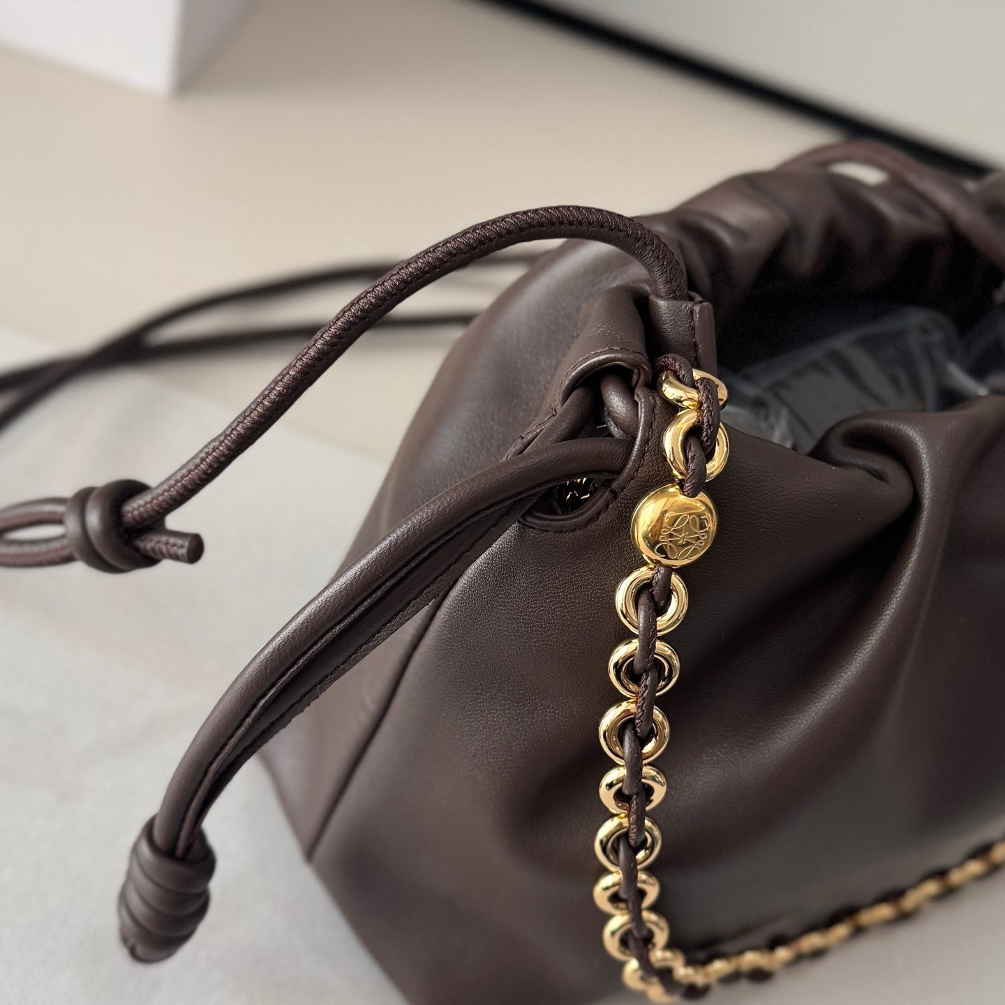 LOEWE 25S FLAMENCO PURSE 30 IN BROWN NAPPA LEATHER GOLD HARDWARE