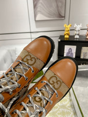 GG LACE-UP SHORT BOOTS IN CINNAMON BROWN CANVAS MIX CALFSKIN