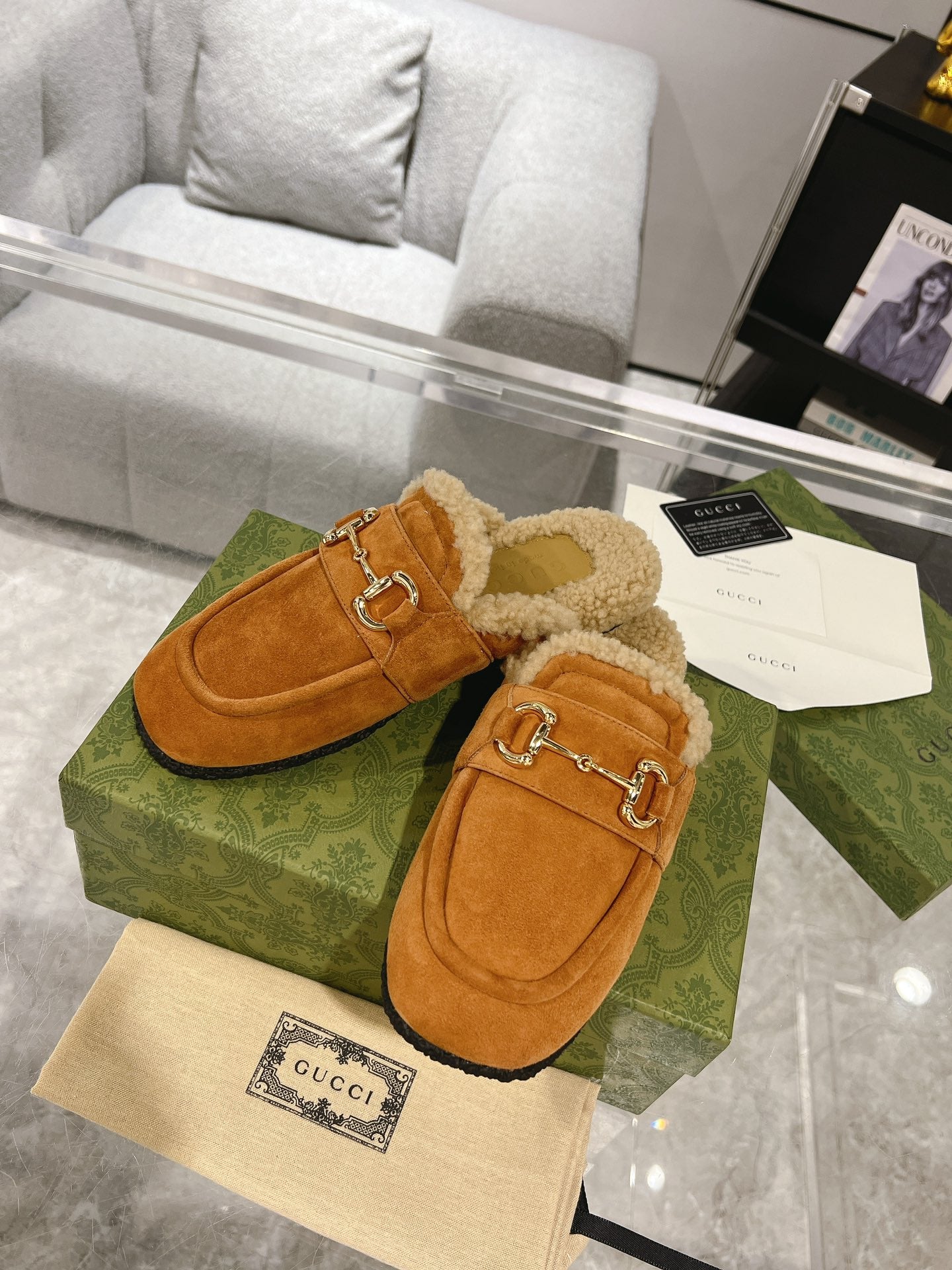 HORSEBIT MULE IN BRONZE ORANGE SUEDE AND FLEECE LINING