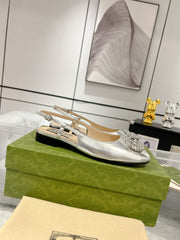 METALIC SLINGBACK FLATS IN SILVER CALFSKIN