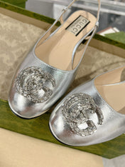 GG CRYSTALS SLINGBACK BALLET SILVER CALFSKIN