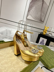 GG CRYSTALS PLATFORM PUMPS METALLIC GOLD CALFSKIN