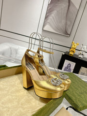 GG CRYSTALS PLATFORM PUMPS METALLIC GOLD CALFSKIN