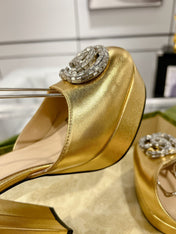 GG CRYSTALS PLATFORM PUMPS METALLIC GOLD CALFSKIN