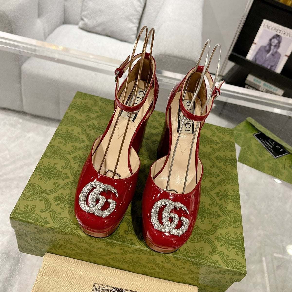 GG CRYSTALS PLATFORM PUMPS SCARLET CALFSKIN