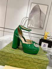 HIGH SANDAL SQUARE HEEL 12 CM IN DARK GREEN CALFSKIN