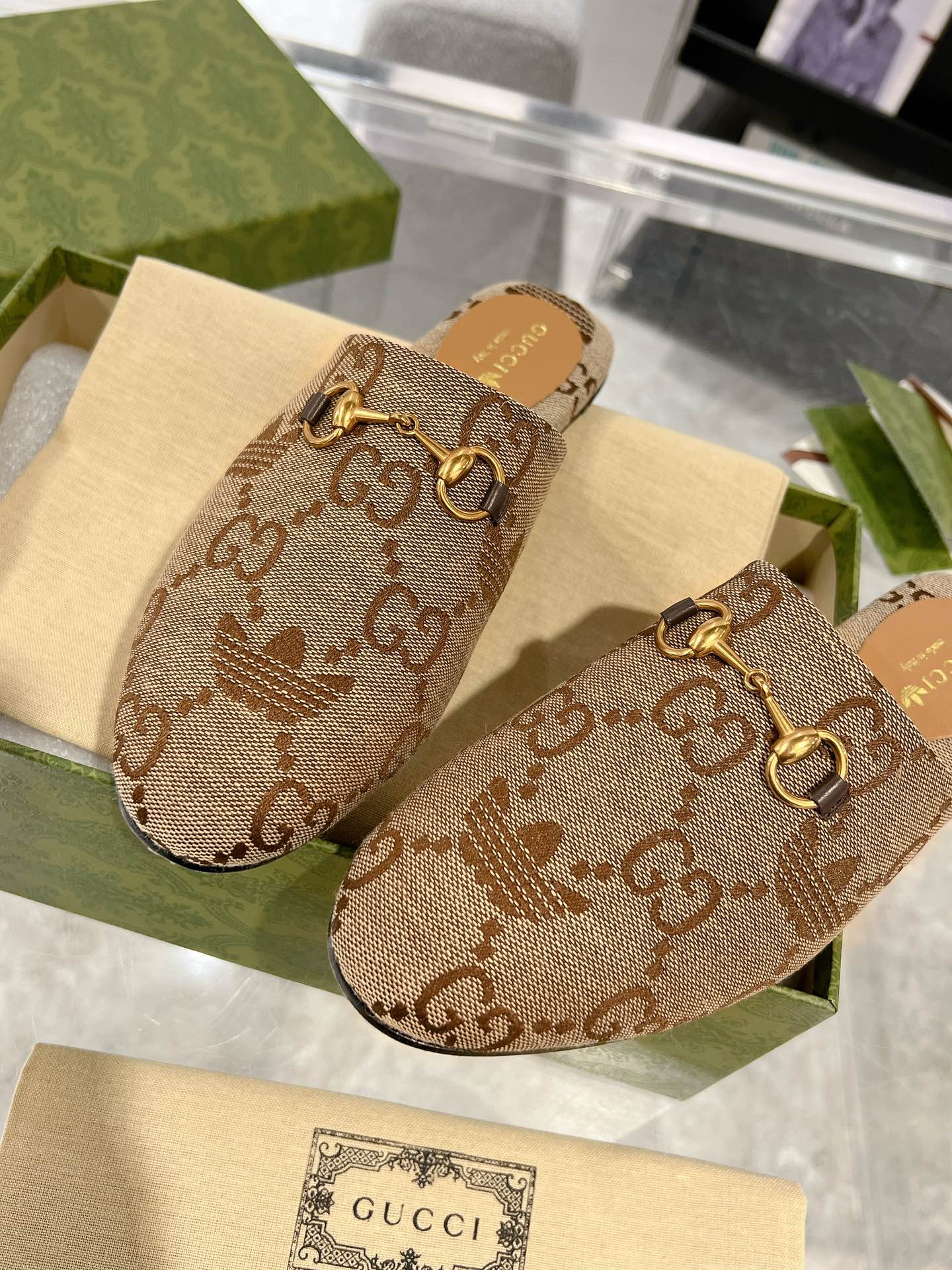 GG & ADIDAS MULE HORSEBIT BUCKLE LIGHT BROWN CANVAS