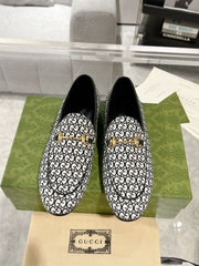 MEN'S LOAFER WITH HORSEBIT IN BLACK MIX WHITE MONOGRAM JACQUARD FABRIC