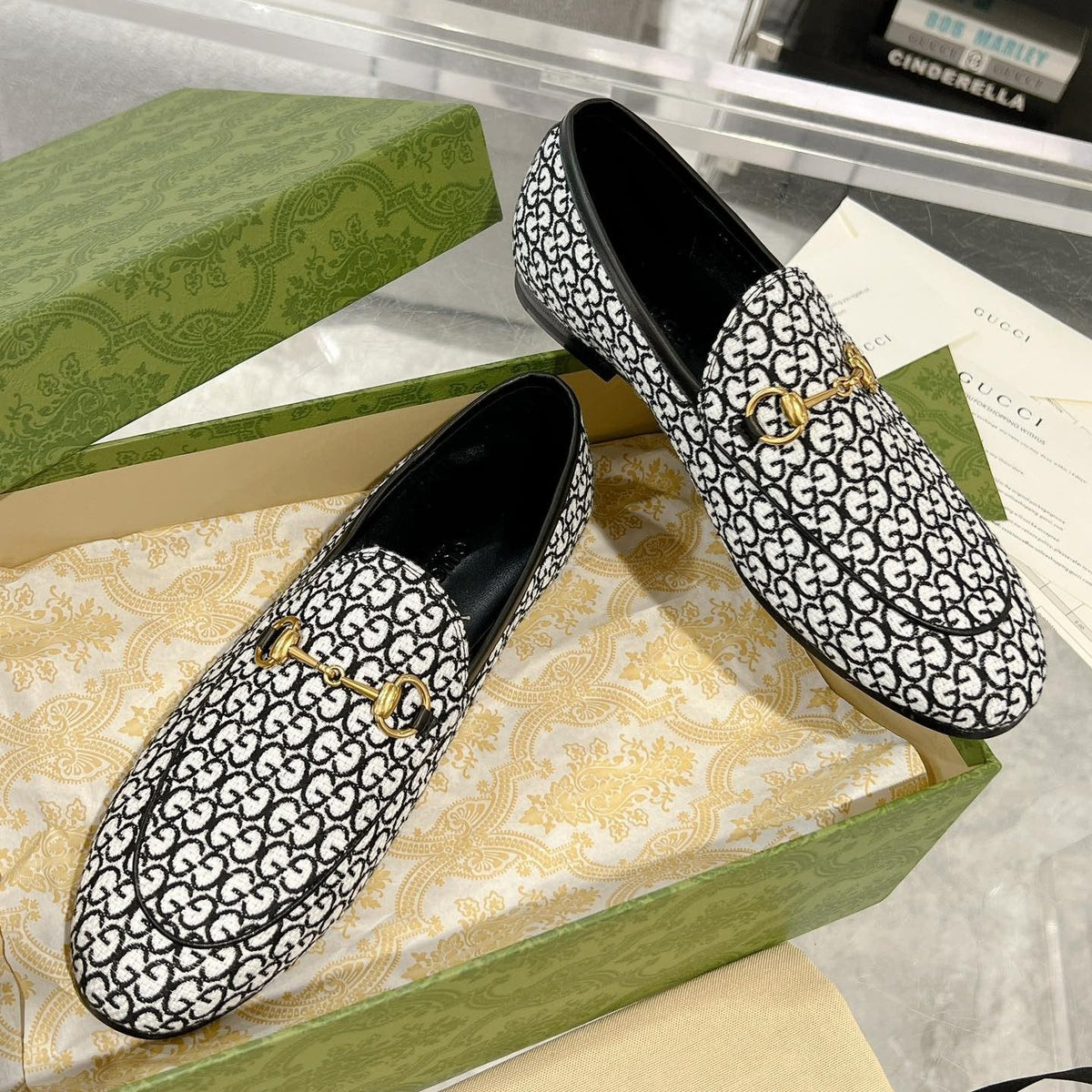 MEN'S LOAFER WITH HORSEBIT IN BLACK MIX WHITE MONOGRAM JACQUARD FABRIC