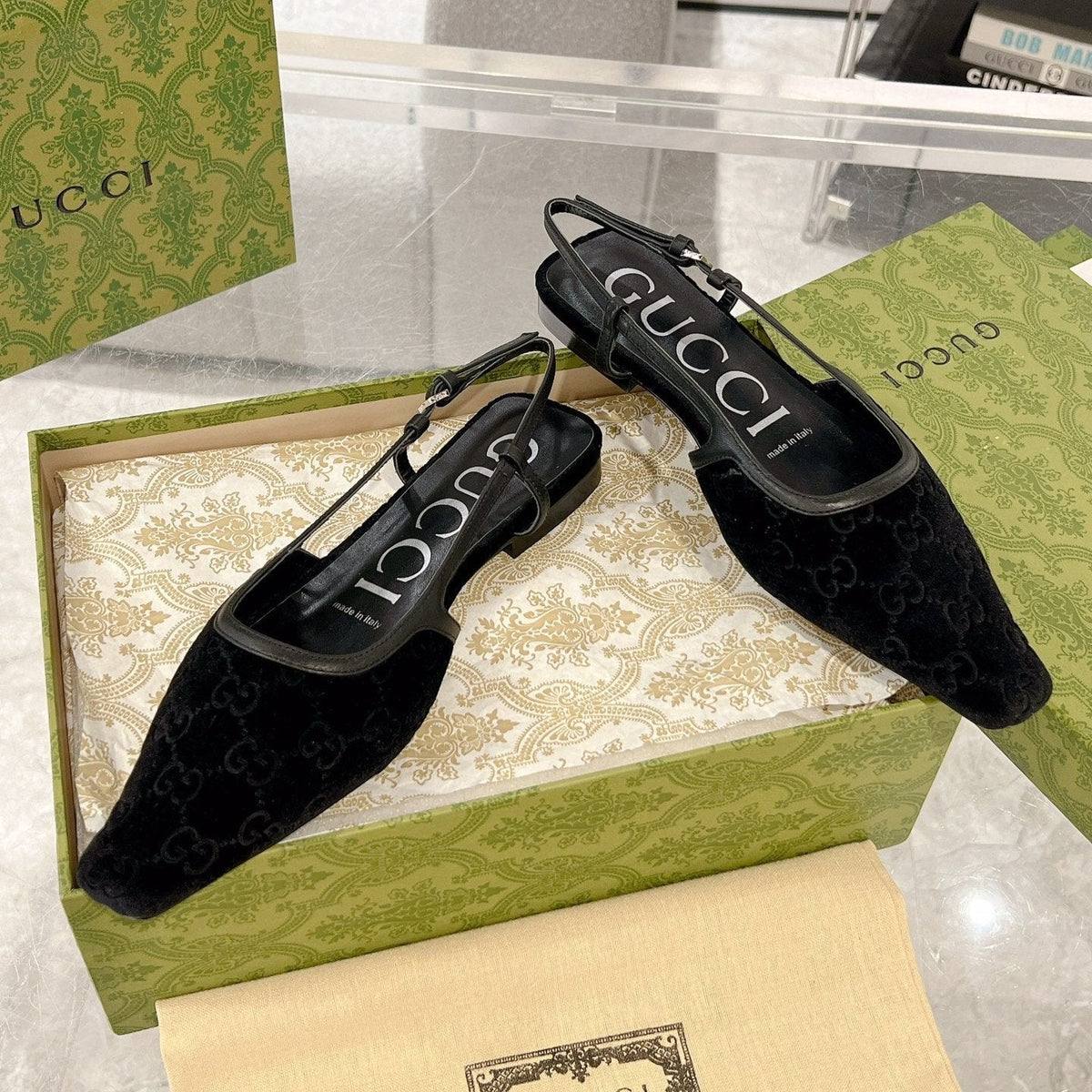 SLINGBACK FLATS IN BLACK VELVET