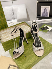 GG CRYSTAL CREAM HIGH HEEL SANDALS SATIN