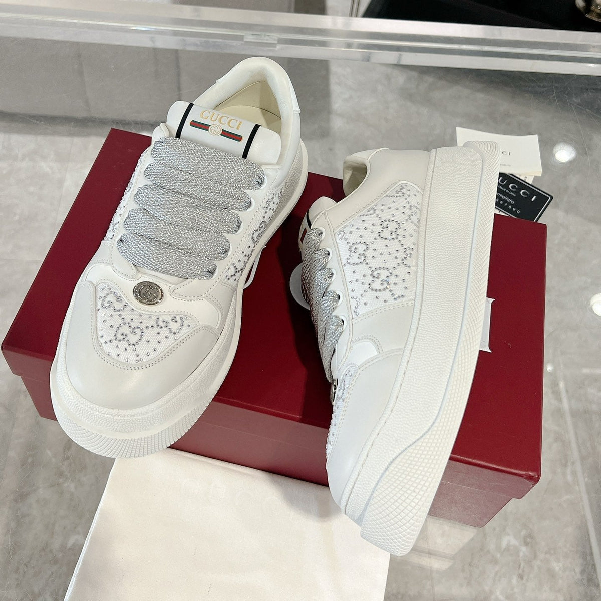 GG SCREENER SNEAKER WITH CRYSTALS IN IVORY BEIGE MIX RHINO GRAY CALFSKIN