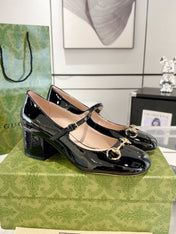 HORSEBIT MARY JANE HEEL IN BLACK CALFSKIN GOLD HARDWARE