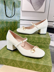 HORSEBIT MARY JANE HEEL IN WHITE CALFSKIN GOLD HARDWARE