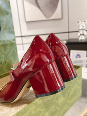 HORSEBIT MARY JANE HEEL IN CRIMSON RED CALFSKIN GOLD HARDWARE