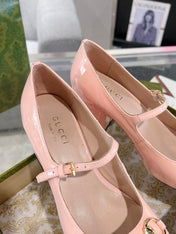 HORSEBIT MARY JANE HEEL IN LIGHT PINK CALFSKIN GOLD HARDWARE