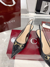 GG MID-HIGH SLINGBACK 4.5 CM IN BLACK GLOSSY EMBOSSED SUEDE AND SHEEPSKIN LINING