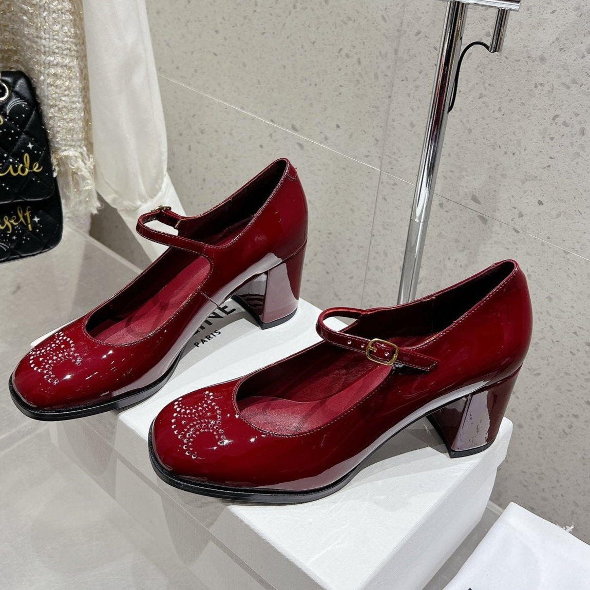HIGH MARY JANE SHOES IN GARNET RED PATENT CALFSKIN