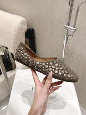 CELINE 26S FLAT SHOES IN TOFFEE BROWN SUEDE WITH METAL STUDS