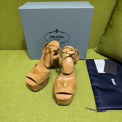 PRADA 25S HIGH-HEEL SANDALS 140 MM IN CARAMEL BROWN SUEDE STYLE 2